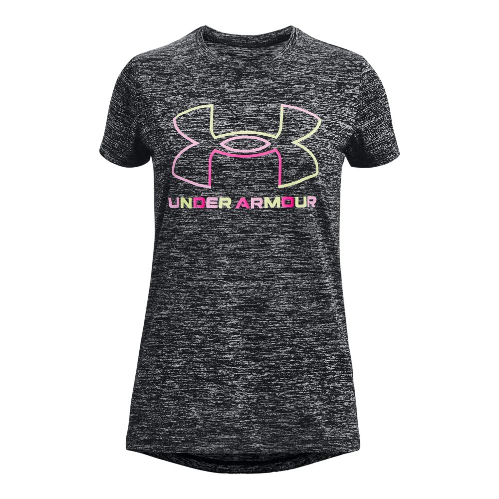 Under Armour Girls Tech Big Logo Twist Short Sleeve T-Shirt, (002) Black Medium Heather/Rebel Pink/Fade, Youth X-Large