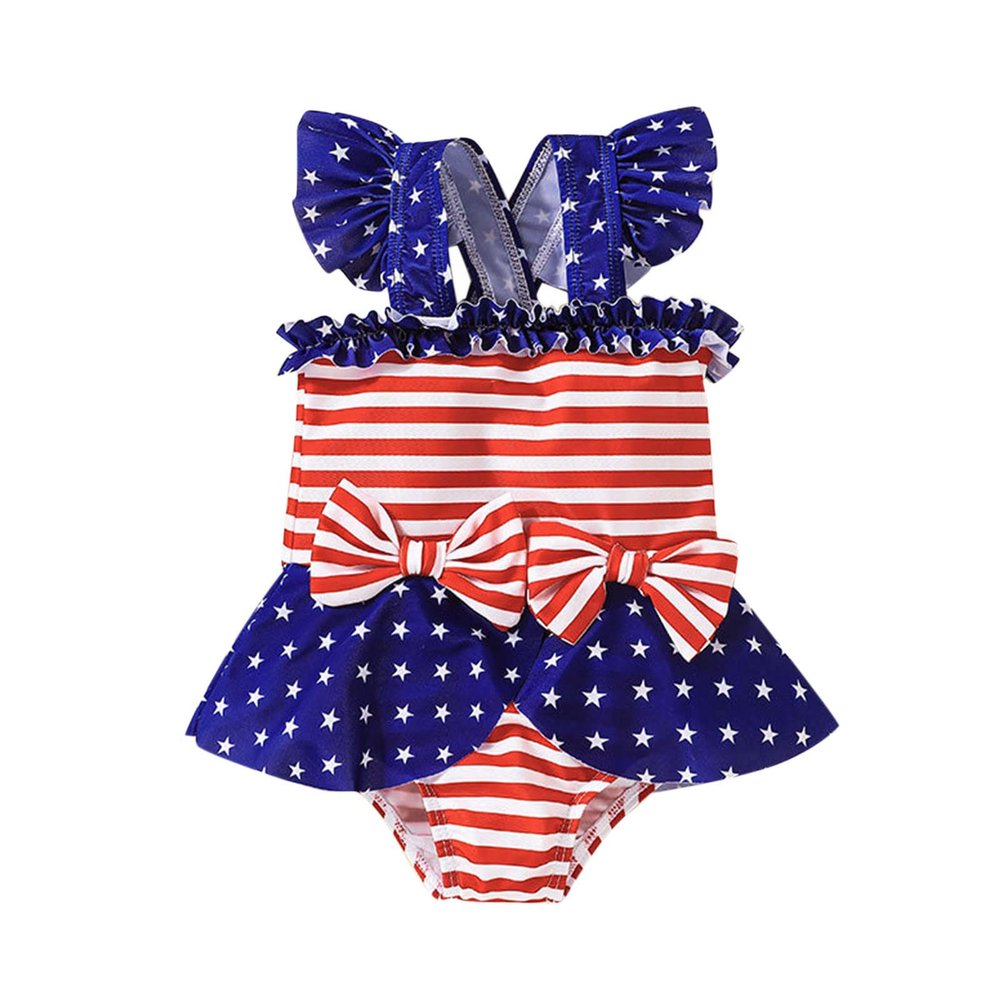 RSKK July 4th Baby Girl Ruffled Single Piece American Flag Printed Bow Beach Swimwear Rash Guard Bathing Suit Swimsuit, Red, 18-24 Months