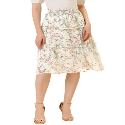 Allegra K Women's Floral Skirts Spring Smocked Elastic Waist A-Line Below Knee Length Ruffle Tiered Skirt X-Large White