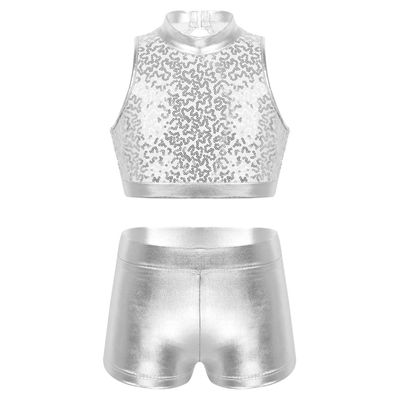 Daenrui Kids Girls 2 Piece Sequins Sports Dance Outfit Crop Top with Booty Shorts Gymnastics Dancing Costume Silver#2 10-12 Years
