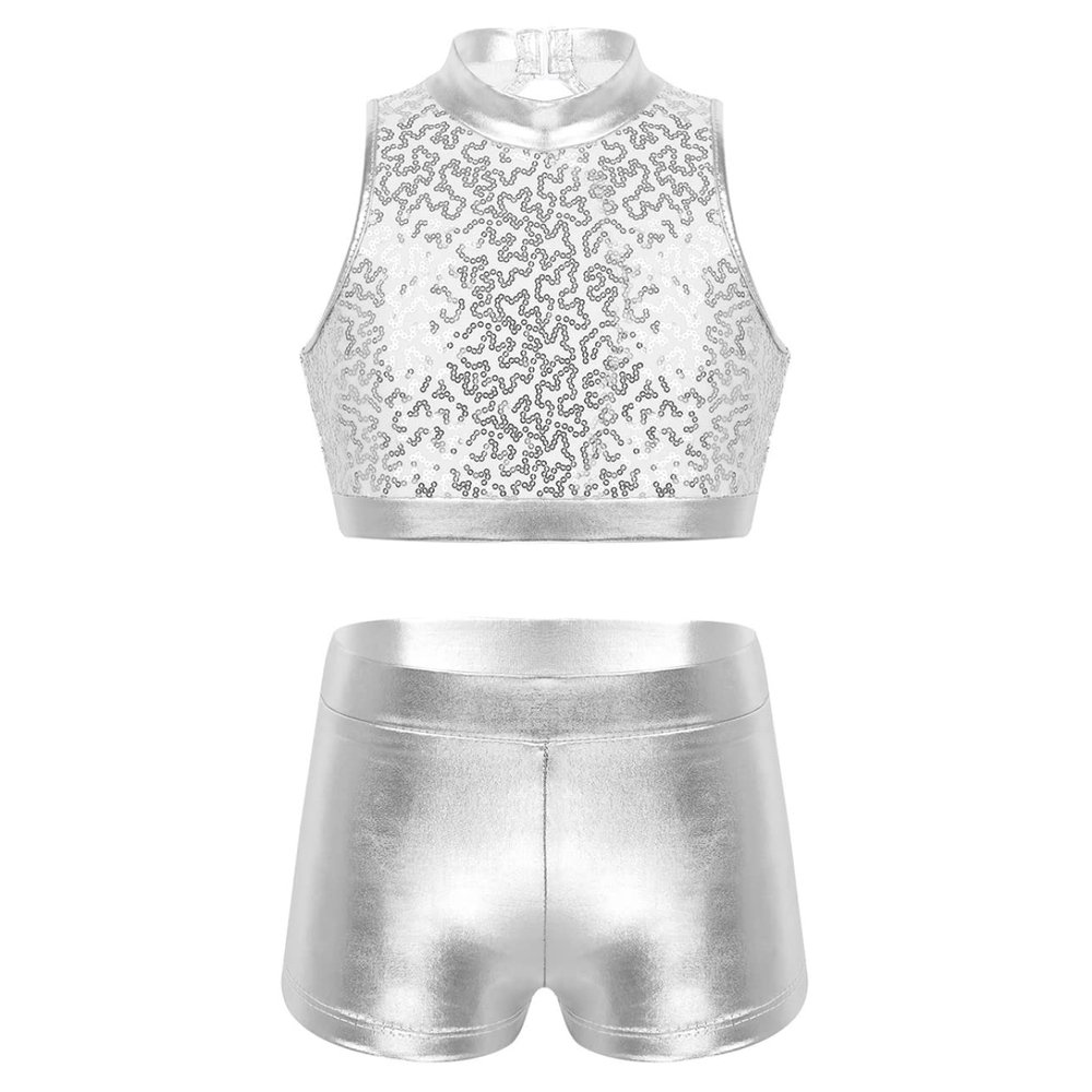 Daenrui Kids Girls 2 Piece Sequins Sports Dance Outfit Crop Top with Booty Shorts Gymnastics Dancing Costume Silver#2 10-12 Years