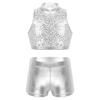 Daenrui Kids Girls 2 Piece Sequins Sports Dance Outfit Crop Top with Booty Shorts Gymnastics Dancing Costume Silver#2 10-12 Years view 1