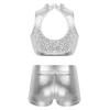 Daenrui Kids Girls 2 Piece Sequins Sports Dance Outfit Crop Top with Booty Shorts Gymnastics Dancing Costume Silver#2 10-12 Years view 2