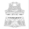 Daenrui Kids Girls 2 Piece Sequins Sports Dance Outfit Crop Top with Booty Shorts Gymnastics Dancing Costume Silver#2 10-12 Years view 3