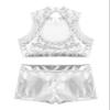 Daenrui Kids Girls 2 Piece Sequins Sports Dance Outfit Crop Top with Booty Shorts Gymnastics Dancing Costume Silver#2 10-12 Years view 4