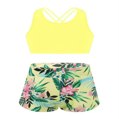 Daenrui Kids Girls 2 Piece Gymnastics Dance Athletic Set Crop Tops with Booty Shorts Activewear Swimwear Yellow,pink 14 Years
