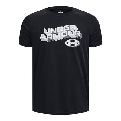 Under Armour Boys' Tech Wordmark Short Sleeve T-Shirt, (001) Black / / White, Youth Large