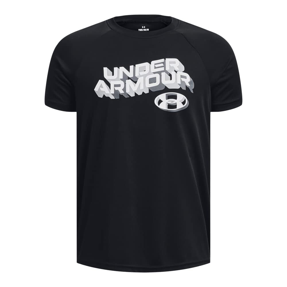 Under Armour Boys' Tech Wordmark Short Sleeve T-Shirt, (001) Black / / White, Youth Large