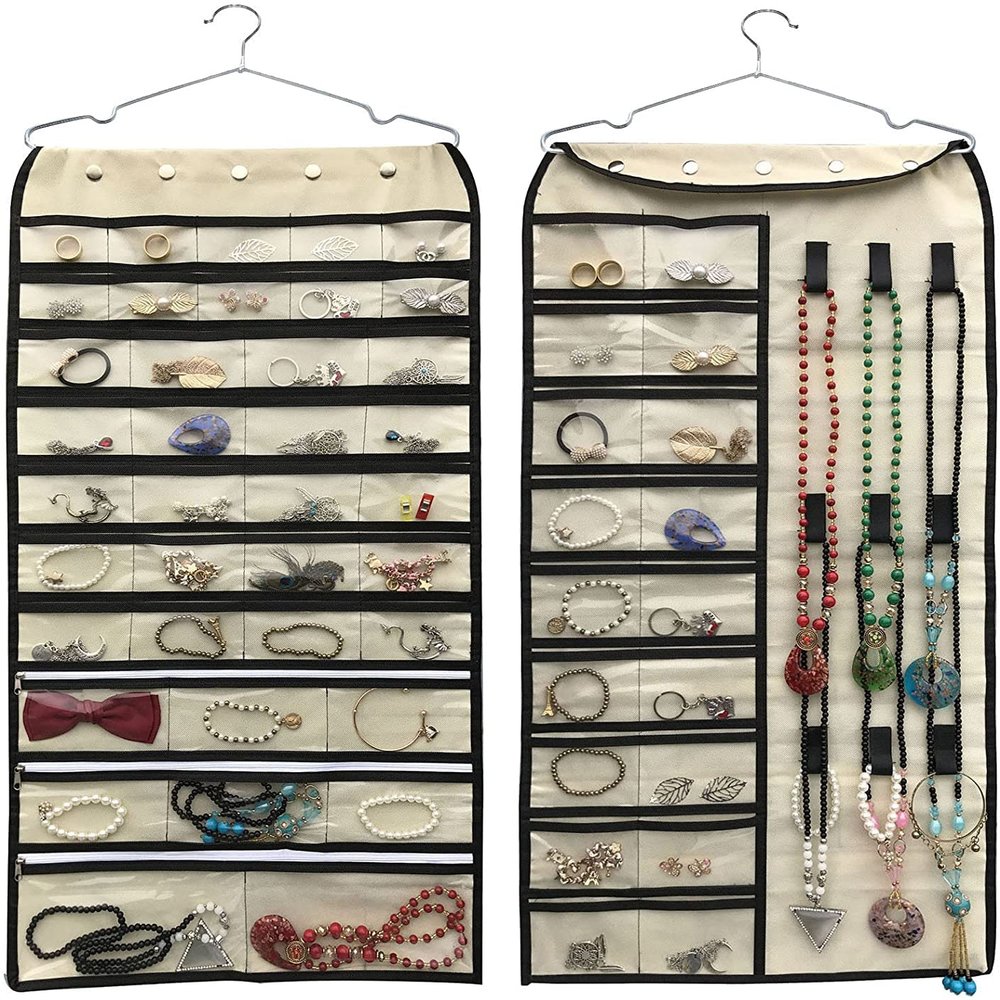 BB Brotrade Hanging Jewelry Organizer,Double Sided 56 Pockets&9 Hooks Accessories Organizer for Holding Jewelry