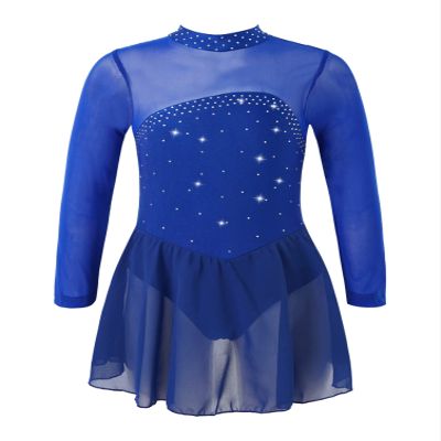 winying Girls Shiny Long Sleeves Mock/Round Neck Keyhole Back Roller Ice Figure Skating Dress Ballet Dancewear Royal Blue E 12 Years