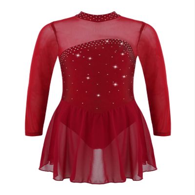 winying Girls Shiny Long Sleeves Mock/Round Neck Keyhole Back Roller Ice Figure Skating Dress Ballet Dancewear Burgundy E 16 Years