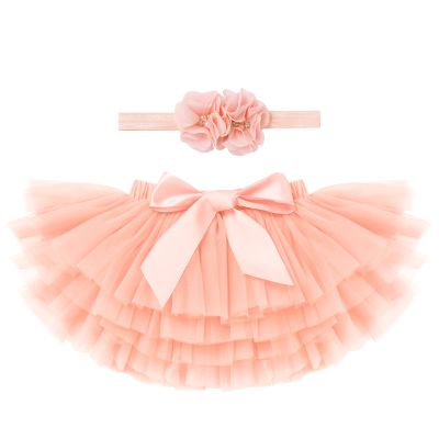 Baby Girls Tutu Skirt Sets with Diaper Cover Flower Headband for Toddler Ruffle Soft Tulle Bloomers Princess Half First Birthday Party Cake Smash Photo Shoot Outfits Beach Clothes Peach Pink 2-3 Years