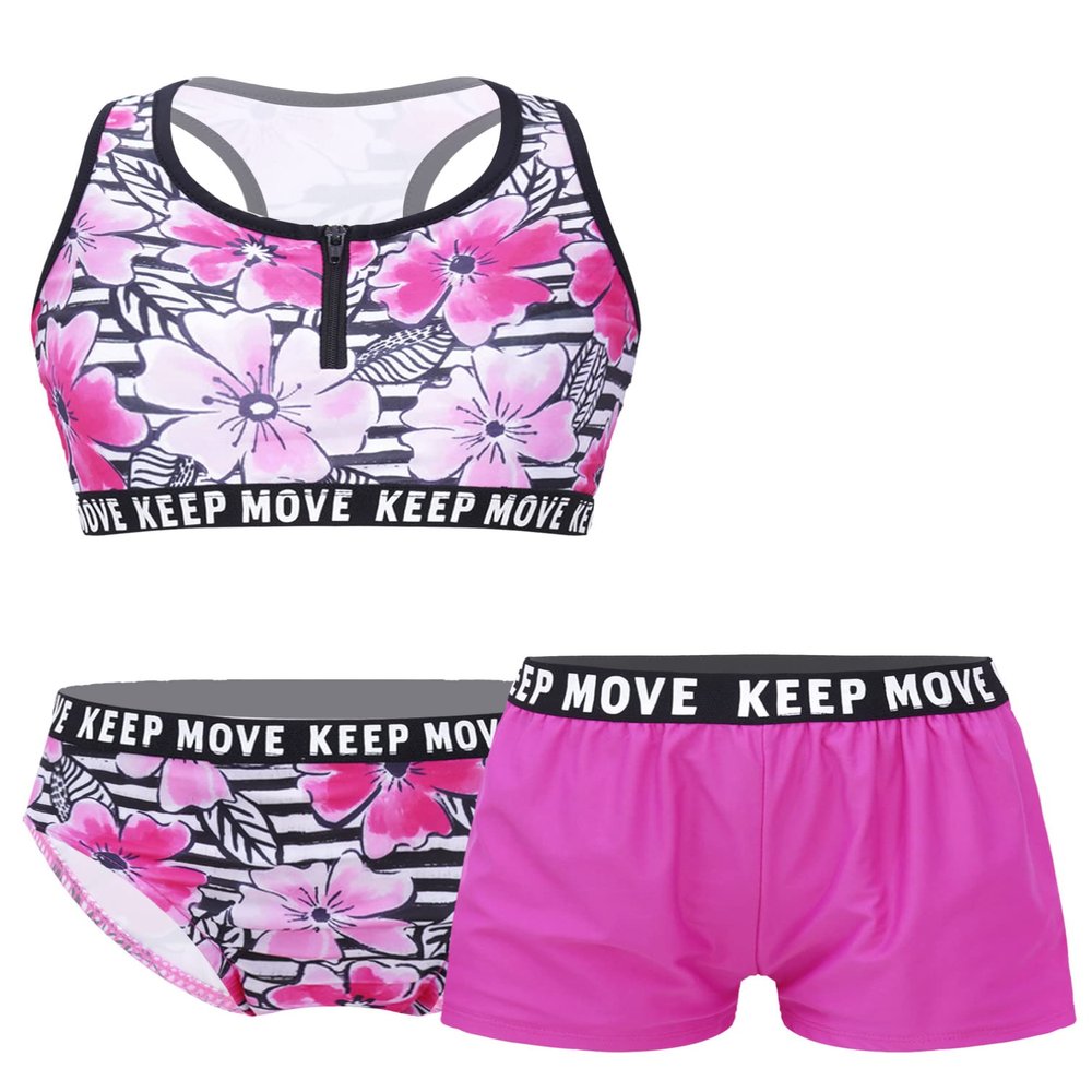 iiniim Kids Girls 3 Piece Rush Garud Tankini Swimsuit Racerback Crop Top Boyshorts Bohemian Swimwear Rose Red 8 Years