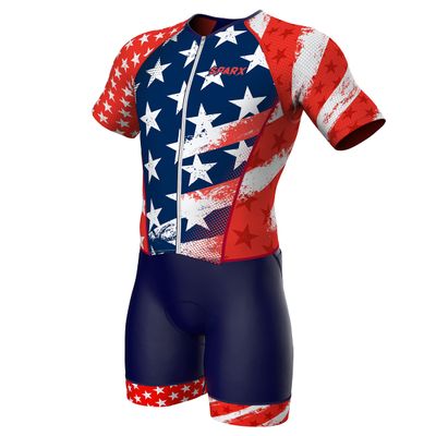 Sparx Mens Elite Aerosuit Triathlon Suit Mens Short Sleeve Tri Suit Skinsuit (US Flag, XL)