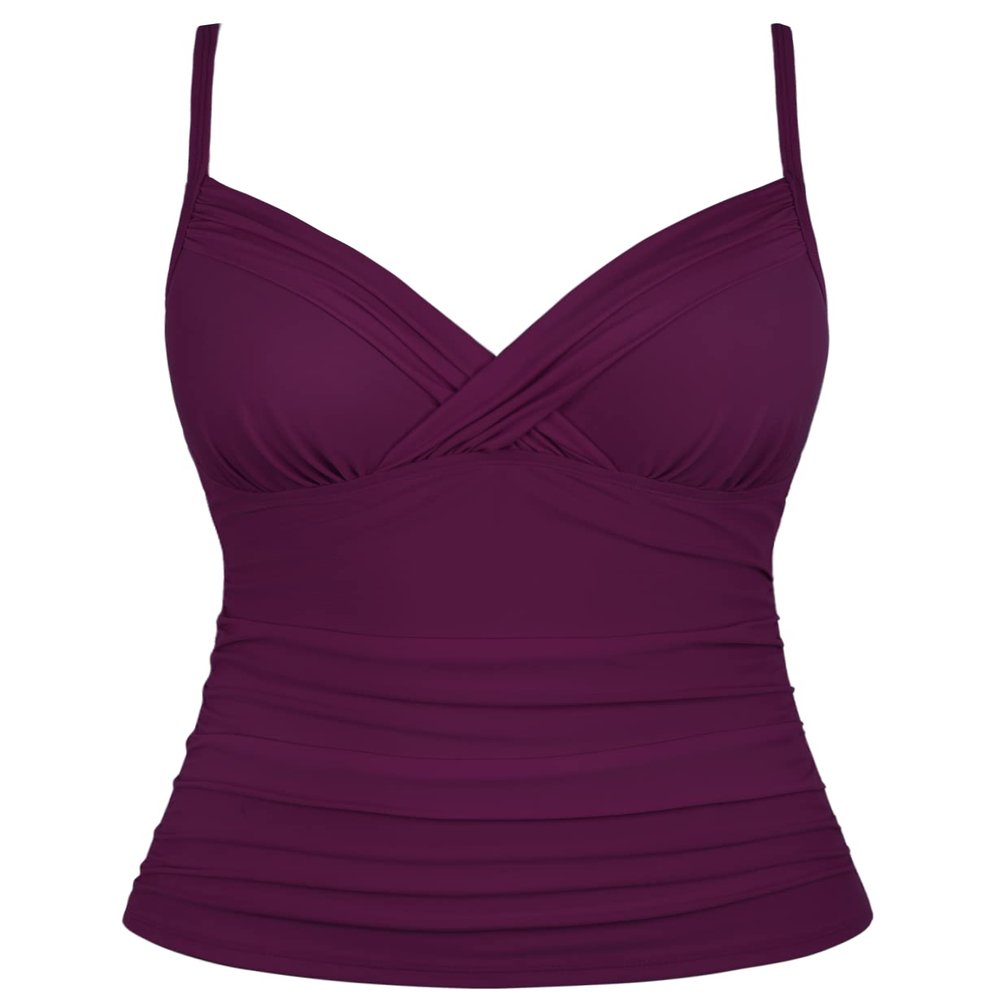 coastal rose Women Tankini Tops V Neck Twist Swim Tops Ruched Tummy Control Bathing Suit Top US16 Wine Red