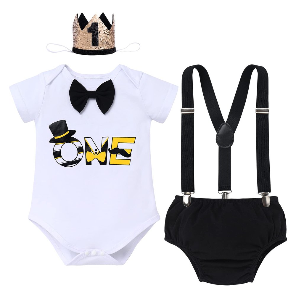 Baby Boy 1st First Birthday Cake Smash Outfit One Year Old Party Gentleman Bow Tie Cotton Short Sleeve Romper Bodysuit Bloomers Shorts Pants Suspenders Mini Crown Hat Headband 4pcs Black Yellow