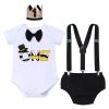 Baby Boy 1st First Birthday Cake Smash Outfit One Year Old Party Gentleman Bow Tie Cotton Short Sleeve Romper Bodysuit Bloomers Shorts Pants Suspenders Mini Crown Hat Headband 4pcs Black Yellow view 1