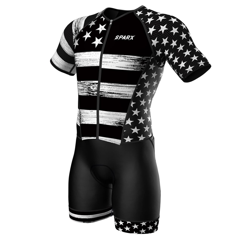 Sparx Mens Elite Aerosuit Triathlon Suit Mens Short Sleeve Tri Suit Skinsuit (B&W US Flag, Large)