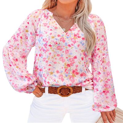BTFBM Blouses for Women Dressy Casual Floral Summer Boho Tops V Neck Lightweight Long Sleeve Shirts Spring Clothes 2026(Floral Red, X-Large)