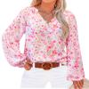 BTFBM Blouses for Women Dressy Casual Floral Summer Boho Tops V Neck Lightweight Long Sleeve Shirts Spring Clothes 2026(Floral Red, X-Large) view 1