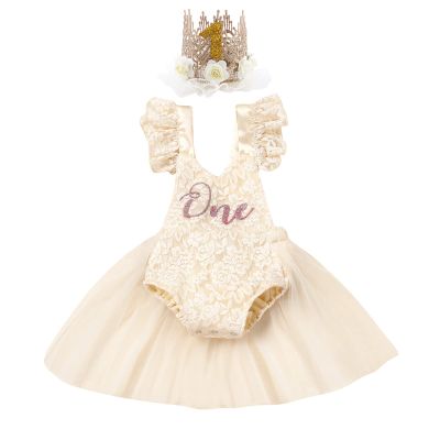 Baby Girl First Birthday Outfit Lace Tulle Romper Princess Tutu Dress One Year Old Birthday Cake Smash Photography Clothes Beige+Crown 9-12 Months