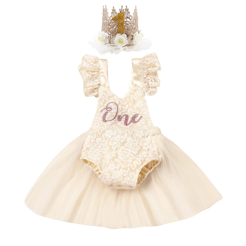 Baby Girl First Birthday Outfit Lace Tulle Romper Princess Tutu Dress One Year Old Birthday Cake Smash Photography Clothes Beige+Crown 9-12 Months