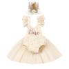 Baby Girl First Birthday Outfit Lace Tulle Romper Princess Tutu Dress One Year Old Birthday Cake Smash Photography Clothes Beige+Crown 9-12 Months view 1
