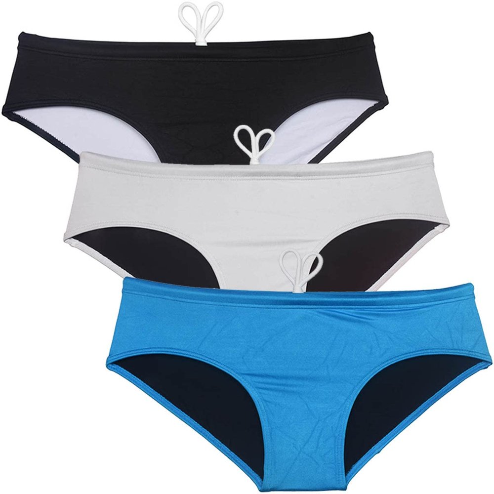 JAXFSTK Men's Swimwear Solid Swim Briefs Elastic & Drawstring Swimsuit Ice Silk Lining Board Briefs Black+Off-White+Lake Blue M