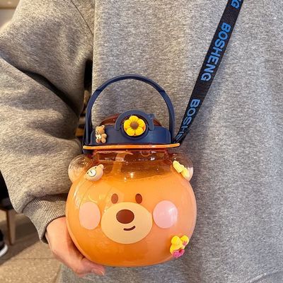 Large Kawaii Water Bottle with Strap and Resin Stickers 48oz Cute Bear Water Bottle with Straw Portable Round Kids Water Bottle for School Sports Outdoor Spill Proof Decorate Your Own (Orange Bear)