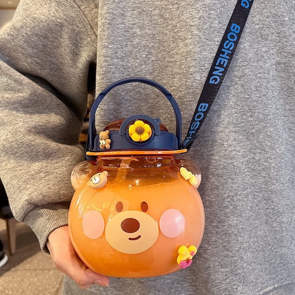 Large Kawaii Water Bottle with Strap and Resin Stickers 48oz Cute Bear Water Bottle with Straw Portable Round Kids Water Bottle for School Sports Outdoor Spill Proof Decorate Your Own (Orange Bear)