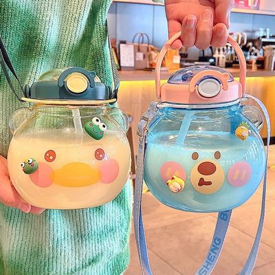 Large Kawaii Water Bottle with Strap and Resin Stickers 48oz Cute Bear Water Bottle with Straw Portable Round Kids Water Bottle for School Sports Outdoor Spill Proof Decorate Your Own (Blue Bear)