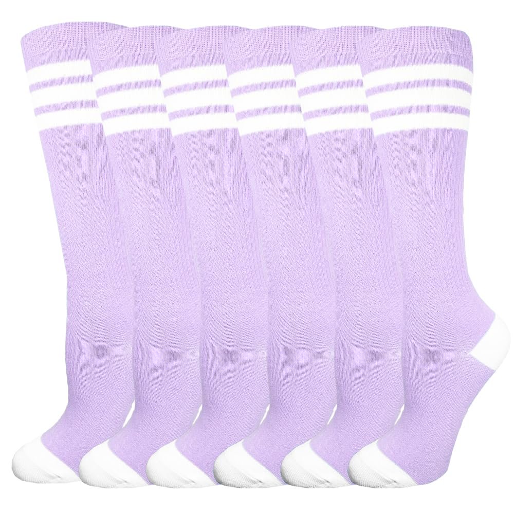 3 Pairs of juDanzy Knee High Boys or Girls Stripe Tube Socks for Soccer, Basketball, Uniform and Everyday Wear (2-4 Years, Lavender With White Stripes (3 Pairs))