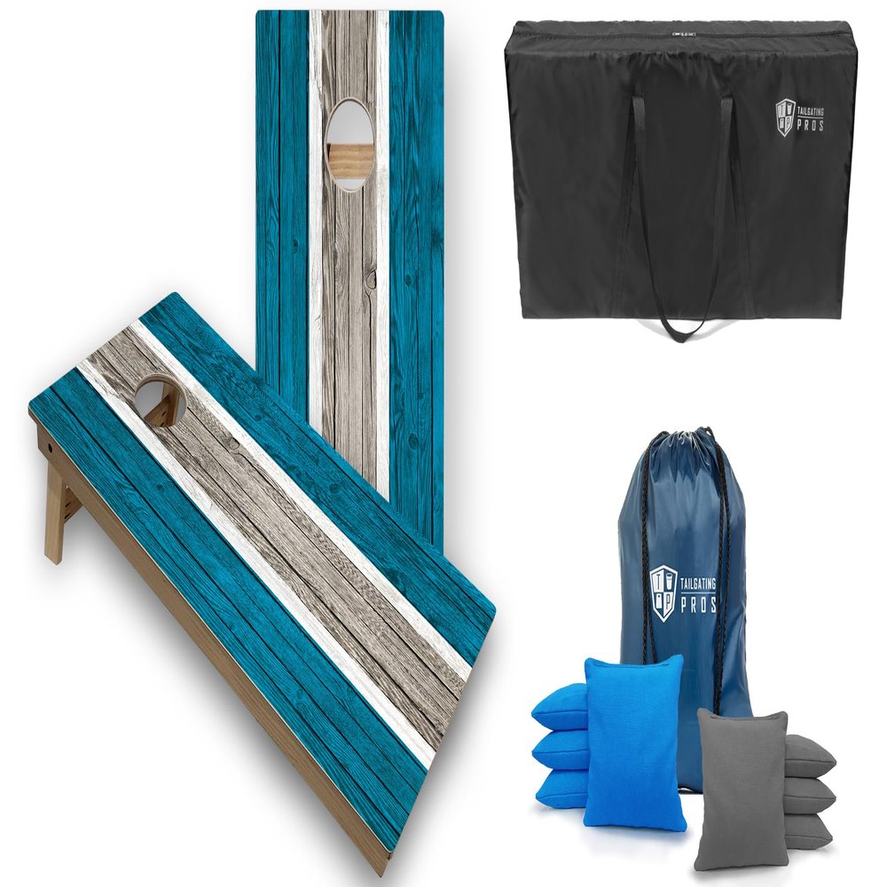 Tailgating Pros Striped Tournament Grade Cornhole Board Set w/LED Rings- Includes 4'x2' Regulation Boards, Ring Lights, Bean Bags, and Carrying Cases