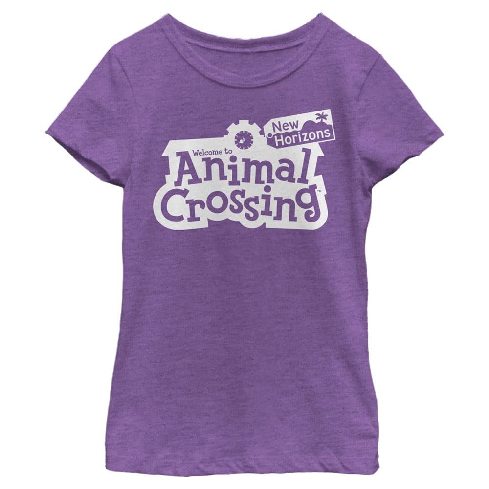 Animal Crossing Girl's Bw New Horizons Logo T-Shirt, Pur Berry, Large
