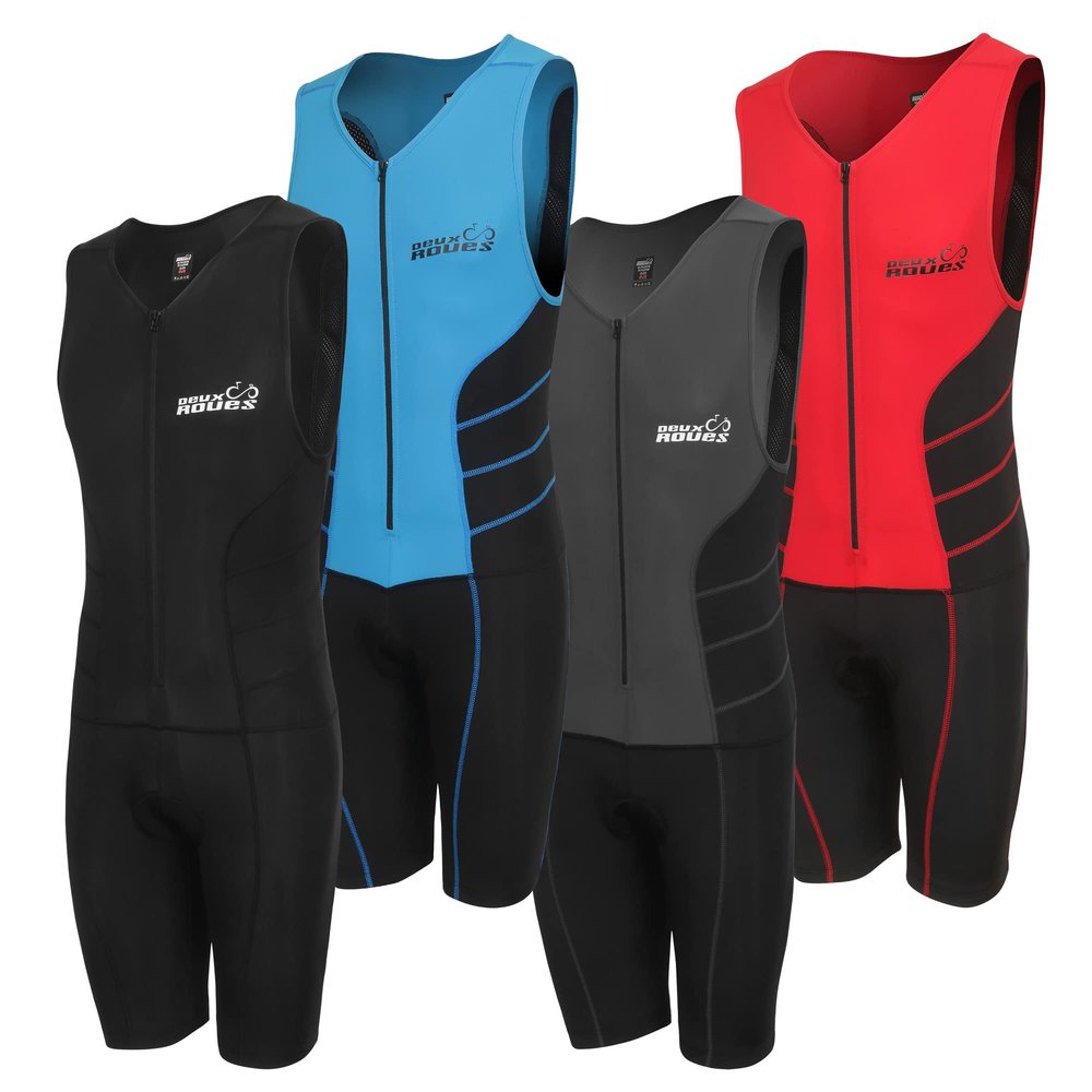 Deux Roues Triathlon Suit Men Racing Tri Cycling Skin Suit Bike Swim Run - Bonus Race Bib Belt (Blue, X-Large)