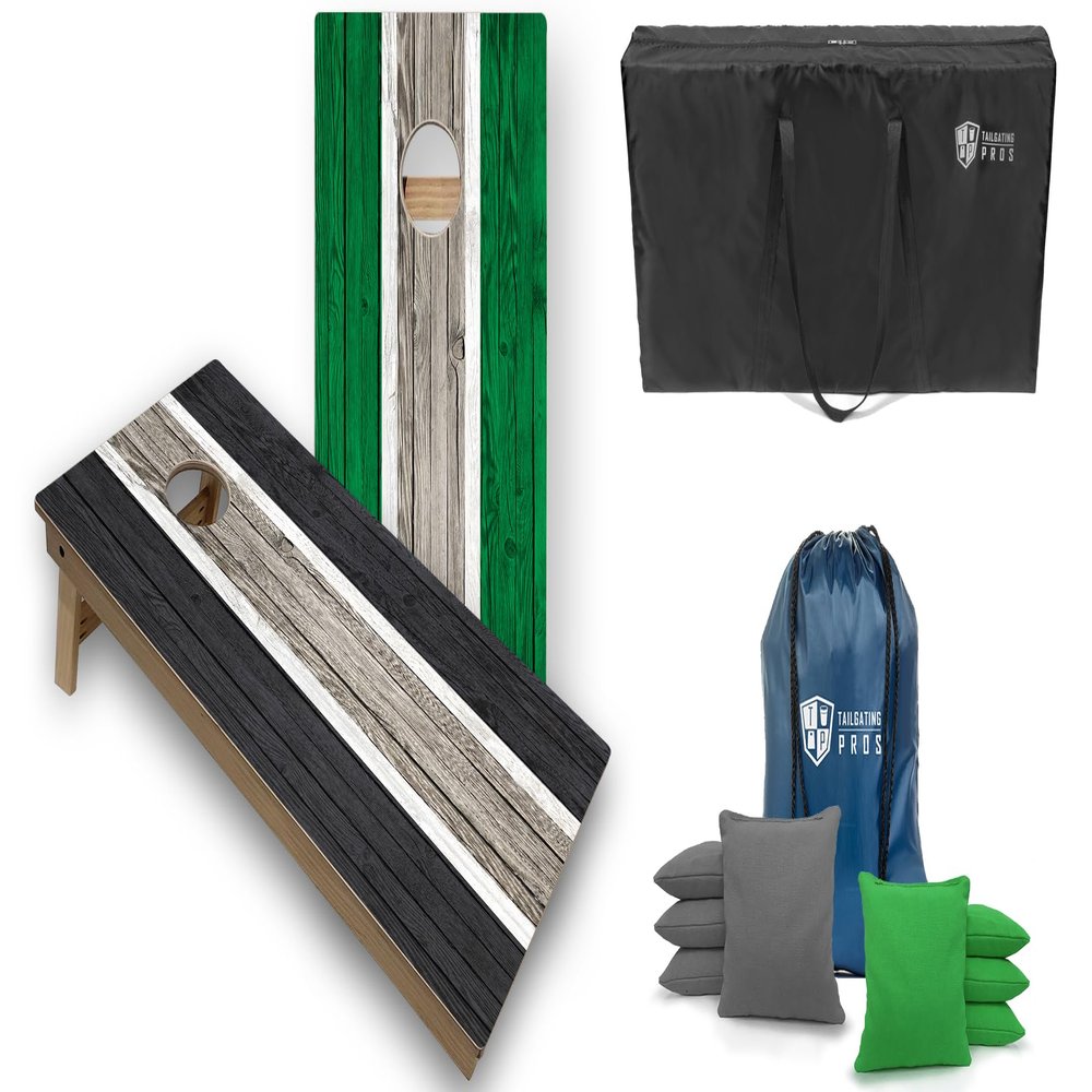 Tailgating Pros Striped Tournament Grade Cornhole Board Set w/LED Rings- Includes 4'x2' Regulation Boards, Ring Lights, Bean Bags, and Carrying Cases