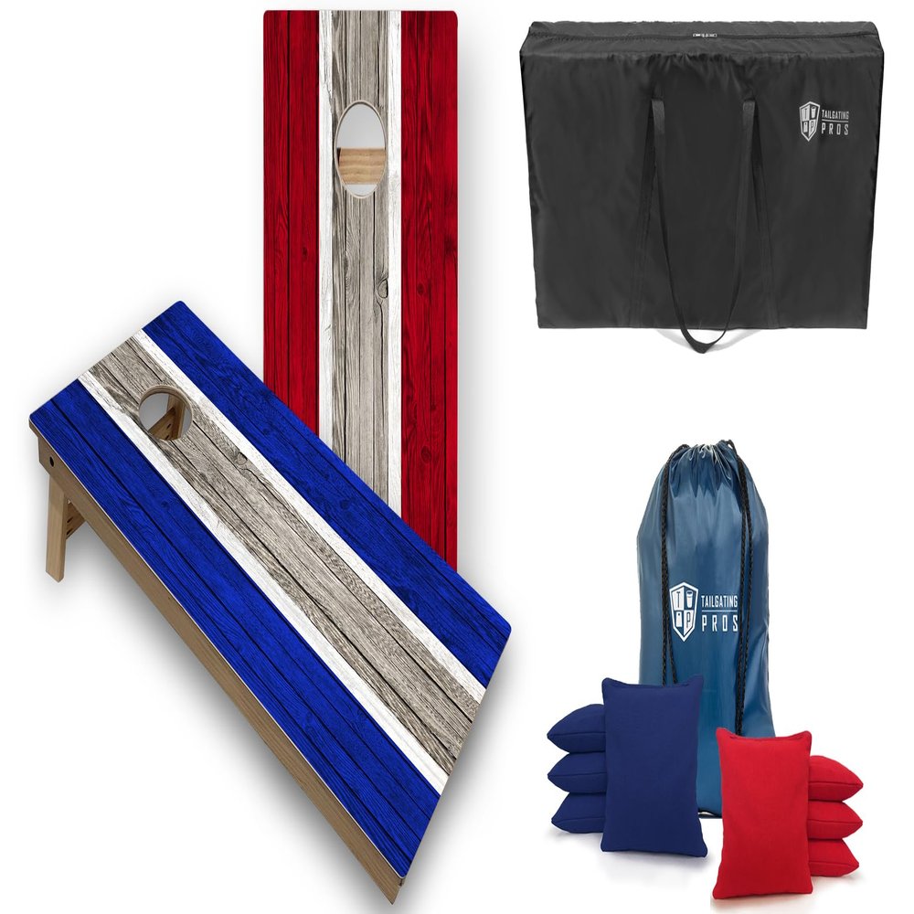 Tailgating Pros Striped Tournament Grade Cornhole Board Set w/LED Rings- Includes 4'x2' Regulation Boards, Ring Lights, Bean Bags, and Carrying Cases