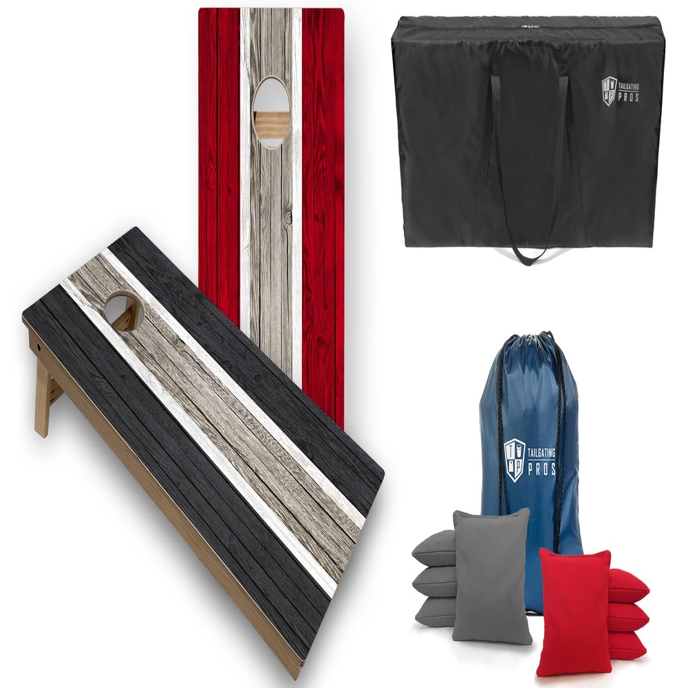 Tailgating Pros Striped Tournament Grade Cornhole Board Set w/LED Rings- Includes 4'x2' Regulation Boards, Ring Lights, Bean Bags, and Carrying Cases