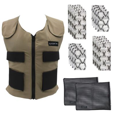Glacier Tek Sports Cool Vest Bundle, with TWO SETS of Cooling Packs, recharges in 30 minutes, Tan