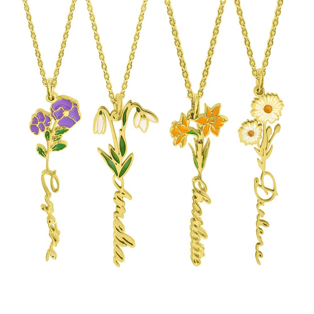 AILIN Custom Birth Flower Necklace With Name 925 Sterling Silver/Stainelss Steel Personalized Birth Flower Name Pendant Necklace Floral Mother Day Jewelry Gift for Women