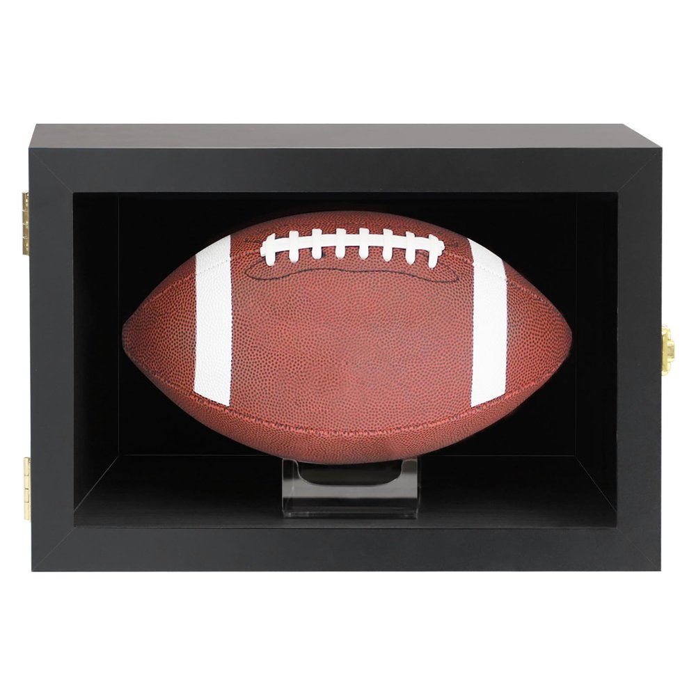 Medikaison Football Display Case Wall Mount Lockable Clear View Full Size Anti Fade UV Protective Acrylic Door Wooden Signed Memorabilia Football Box Shelf Holder-Single Ball