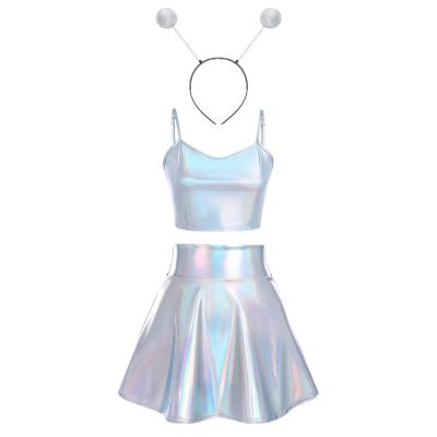 Halloween Alien Costume Women's Metallic Shiny Off Shoulder Crop Top and Silver Holographic Pleated Skirt with Antenna Alien Headband Sets Sexy Shiny Rave Dance Clubwear Metallic Spaghetti Large