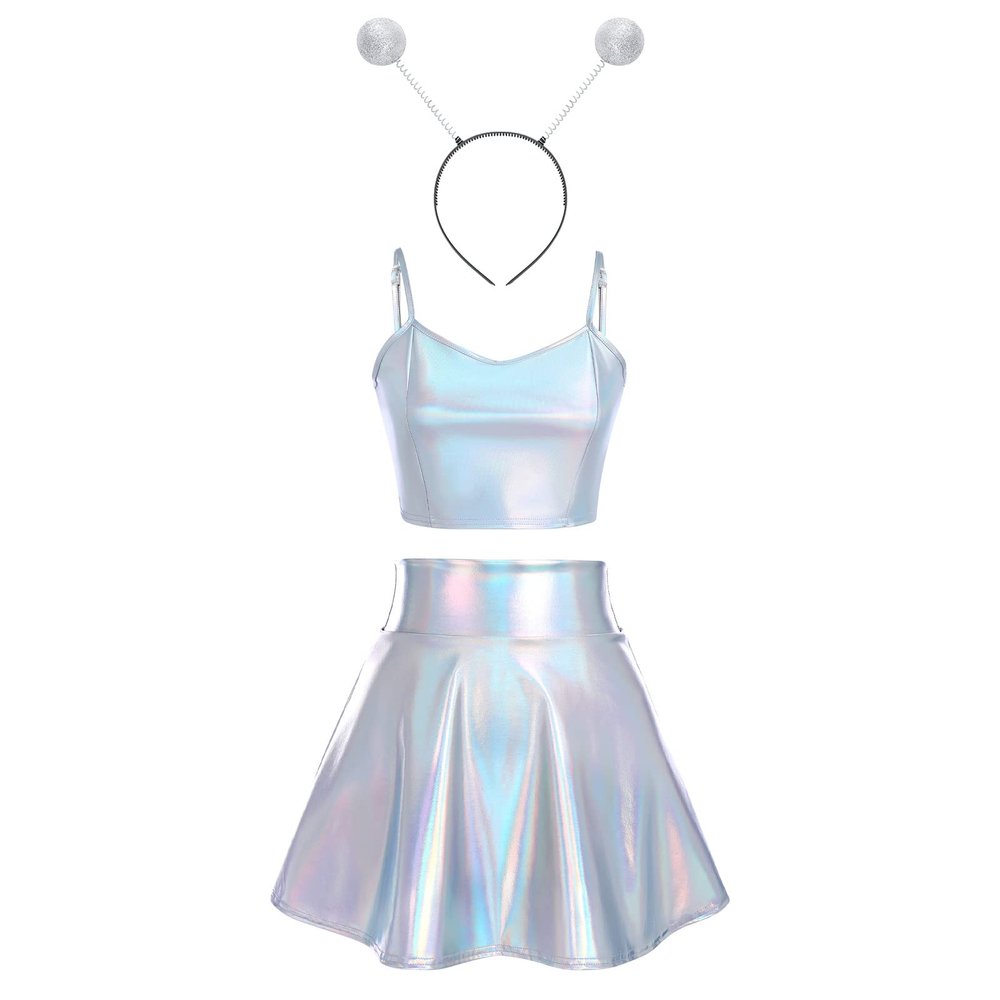 Halloween Alien Costume Women's Metallic Shiny Off Shoulder Crop Top and Silver Holographic Pleated Skirt with Antenna Alien Headband Sets Sexy Shiny Rave Dance Clubwear Metallic Spaghetti Large