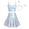 Halloween Alien Costume Women's Metallic Shiny Off Shoulder Crop Top and Silver Holographic Pleated Skirt with Antenna Alien Headband Sets Sexy Shiny Rave Dance Clubwear Metallic Spaghetti Large view 2