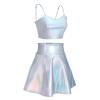 Halloween Alien Costume Women's Metallic Shiny Off Shoulder Crop Top and Silver Holographic Pleated Skirt with Antenna Alien Headband Sets Sexy Shiny Rave Dance Clubwear Metallic Spaghetti Large view 4