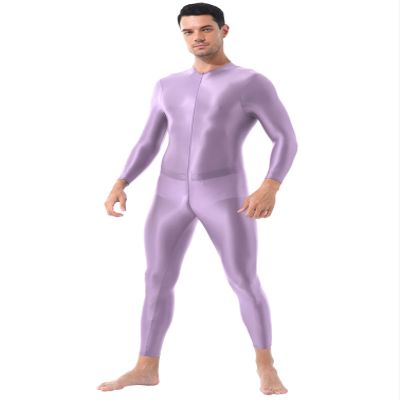 Manyakai Men's Glossy Lingerie Double-ended Zipper Leotard Full Body Yoga Bodybuilding Sports Jumpsuit Lavender One Size