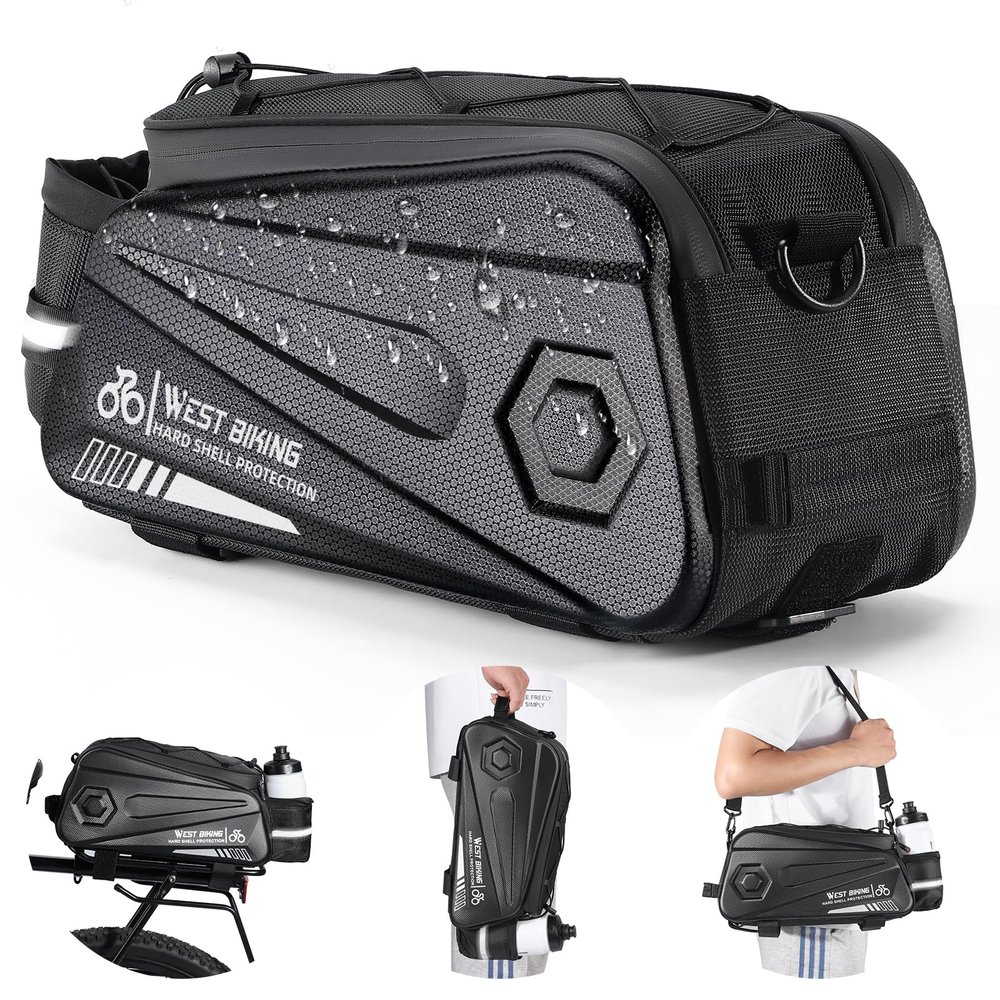 West Biking Bike Rear Seat Bag, Double Water Resistant, Zipper, Bicycle Trunk Pannier, 8.6L Capacity Waterproof Backseat Carrier Cargo Pouch with Strap & Rain Cover For Cycling