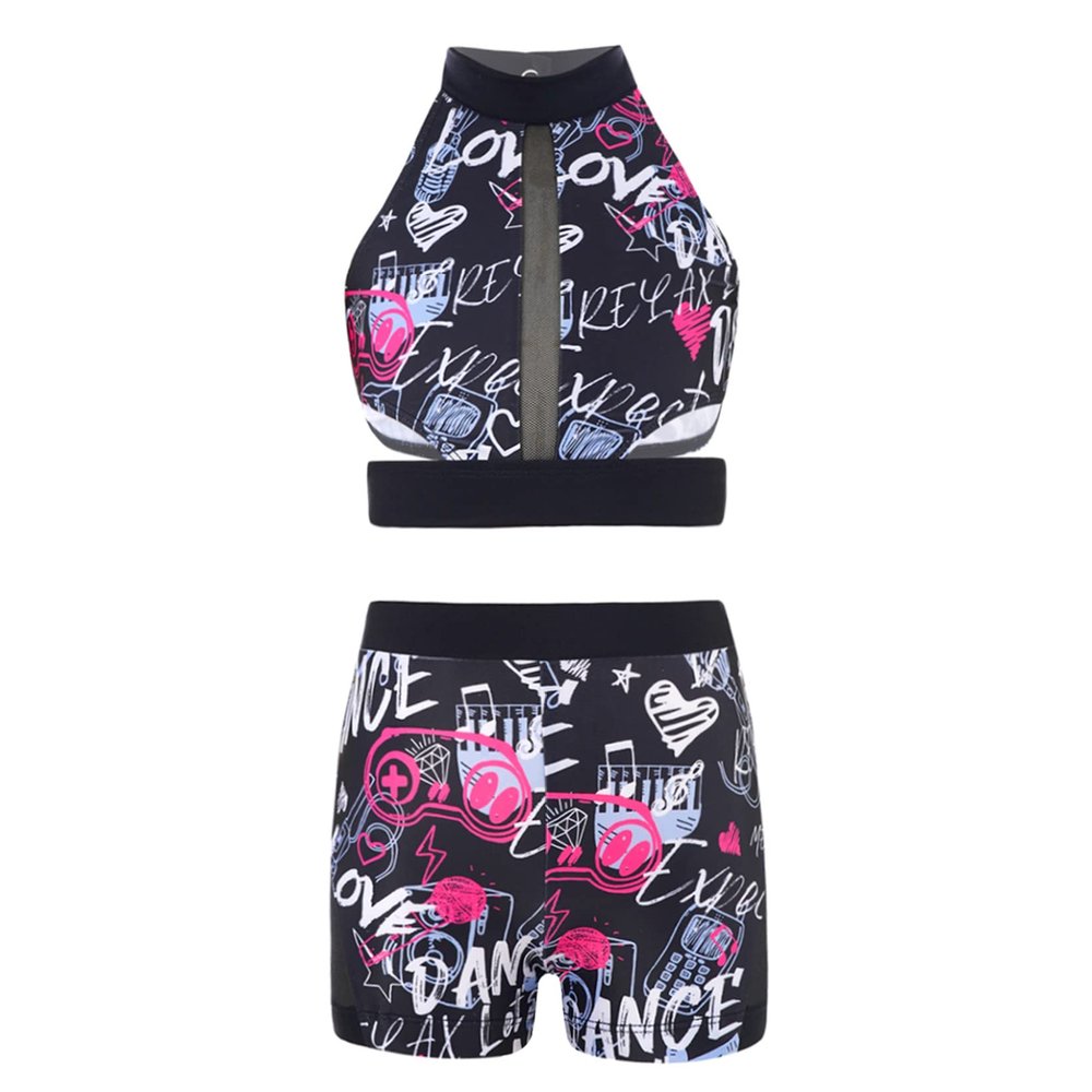 TTAO Girls Crop Top with Shorts Graffiti Print 2 Piece Outfits Yoga Workout Tracksuit Activewear Dance Wear Black 6 Years