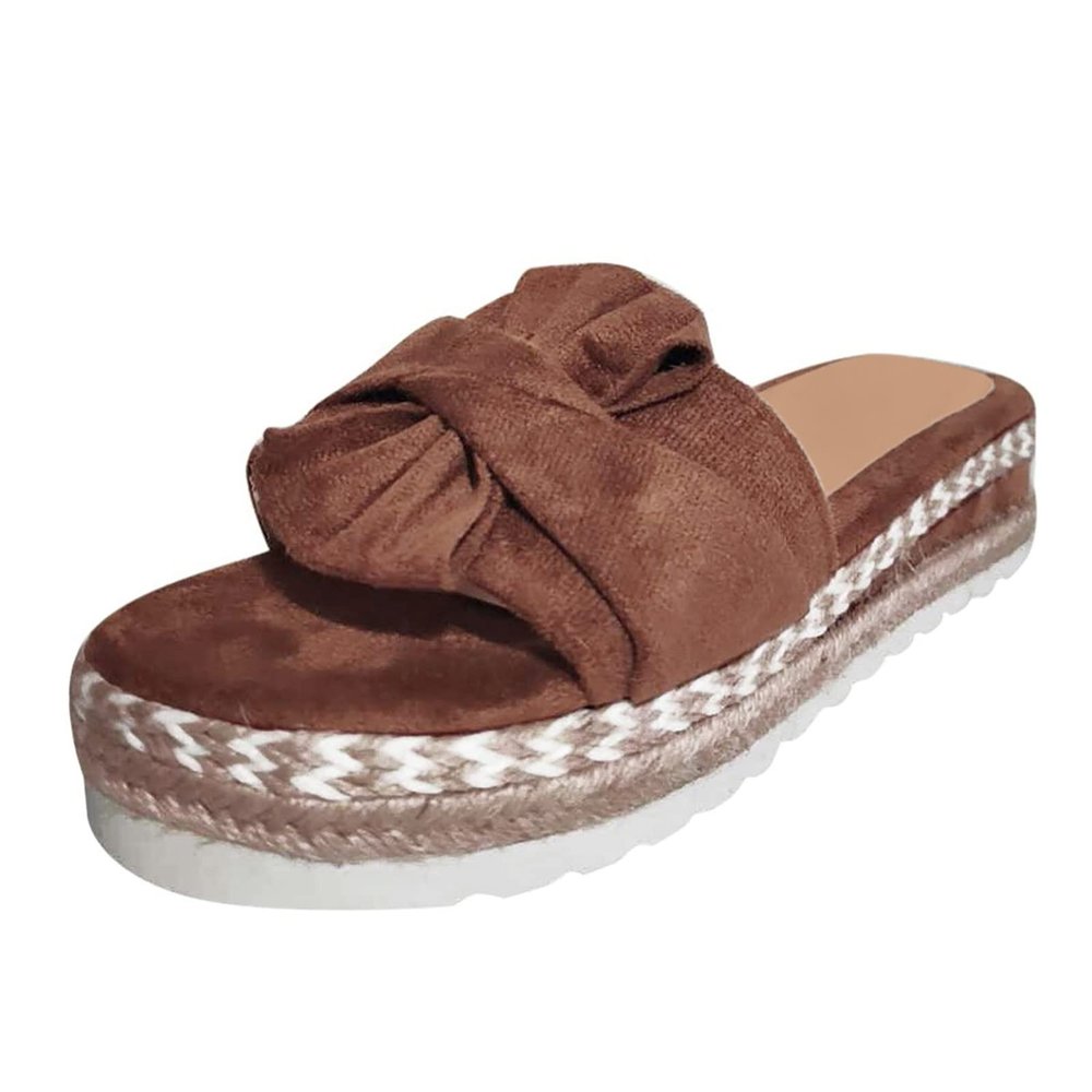 Hbeylia Espadrilles Bowknot Flat Sandals for Women Slip-On Open Toe Platform Wedge Flip Flops Slippers Summer Casual Shoes Beach Boho Traval Vacation Indoor Outdoor Slides Brown