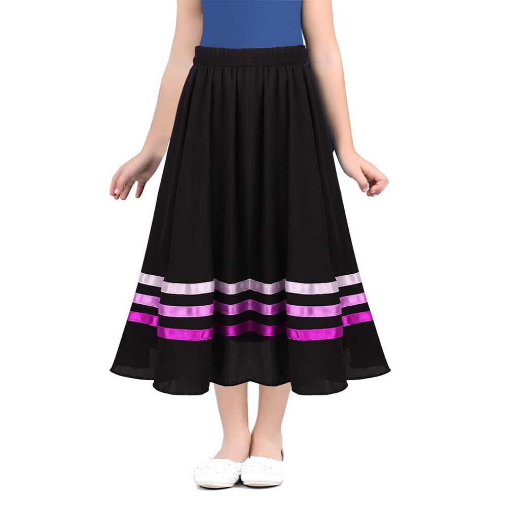 RUNQHUI Kids Girls Flowy A-Line Skirts Knee Length Vintage Pleated Swing Midi Skirt School Uniform Dancewear Black&Pink 10 Years